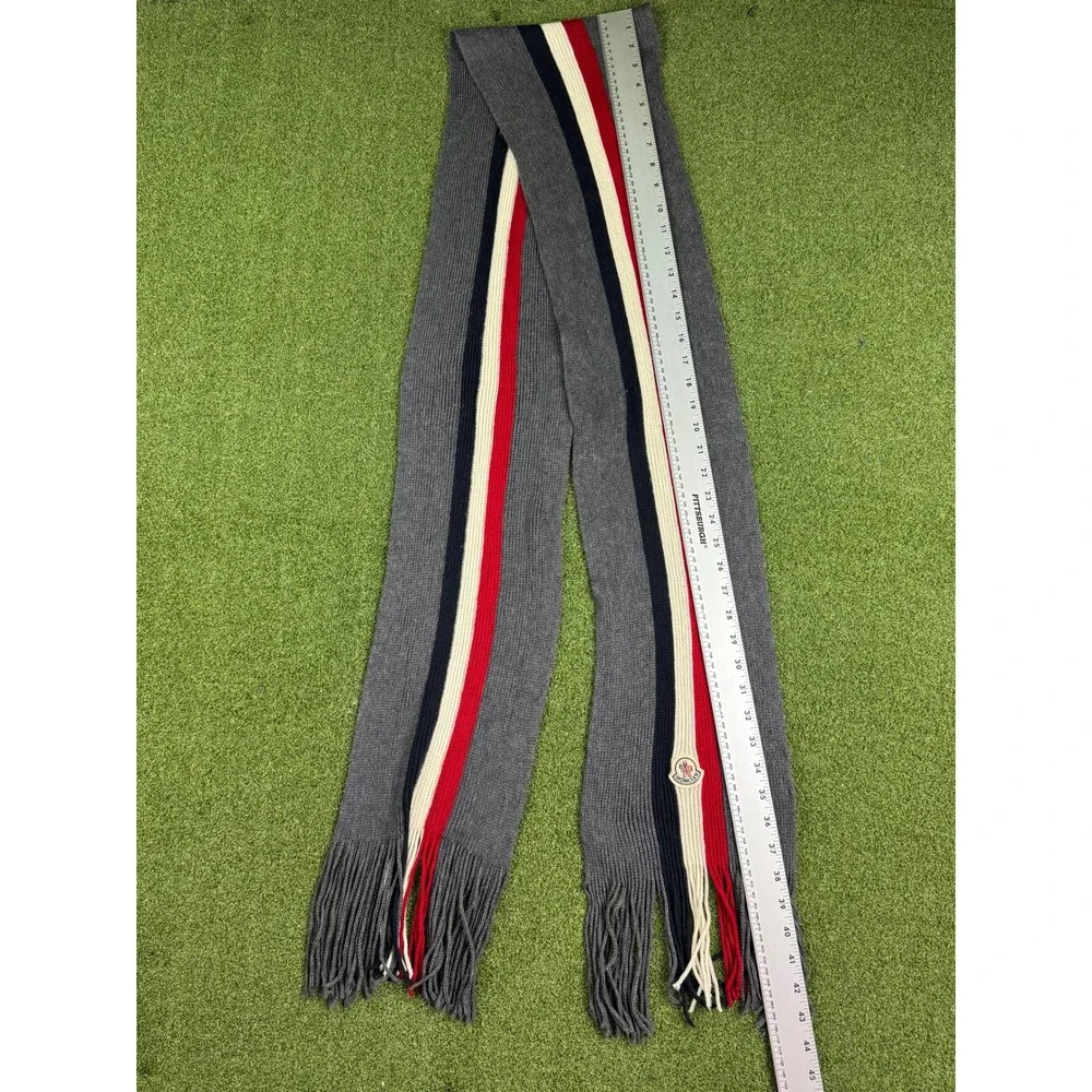 Moncler Wool Scarf Gray Red‎ Navy Stripe Logo Fringe Unisex - Picture 14 of 16